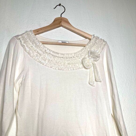 Veeko Womens Top White 3/4 Sleeve Scoop Neck Bow Embellished Sequins Party M - Picture 3 of 8